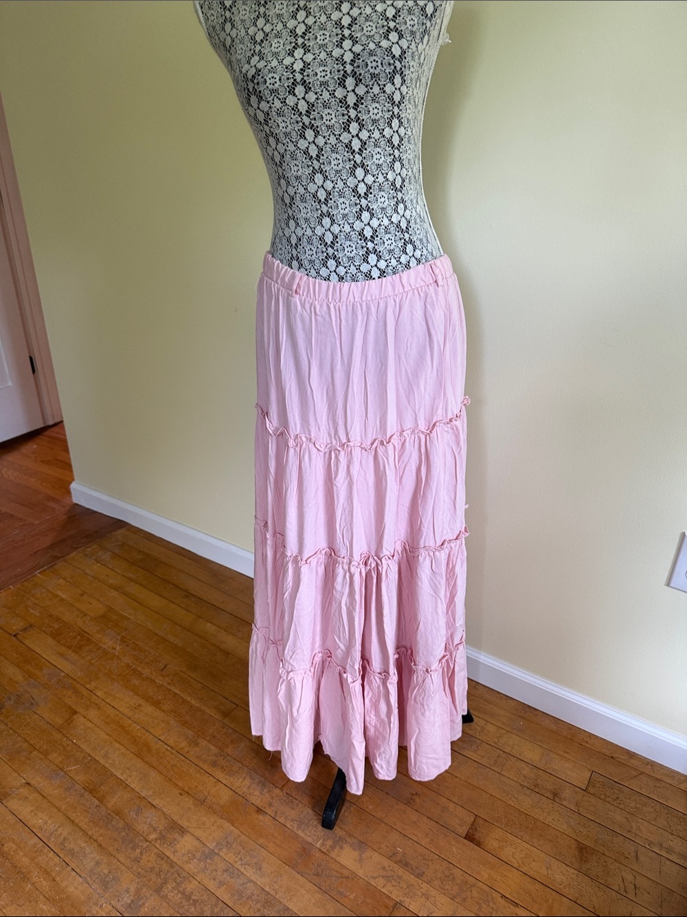 Light Pink Tiered Maxi Skirt with Elastic Waist